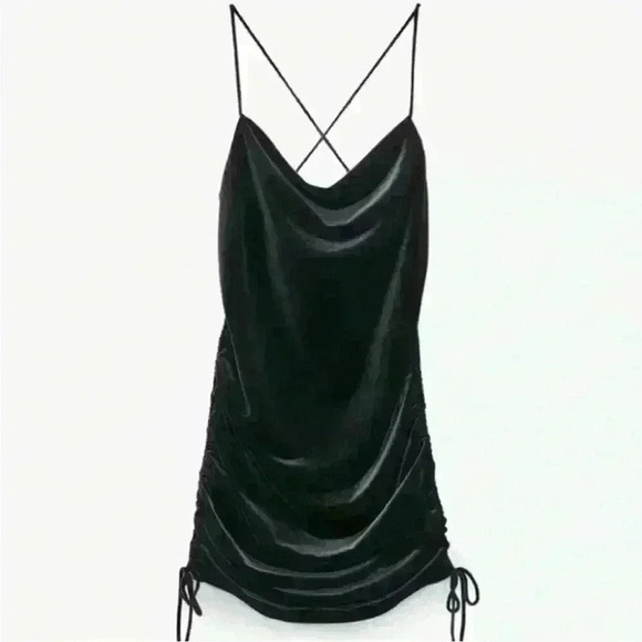 Zara Dresses & Skirts - Zara black velvet bodycon ruched dress with open back